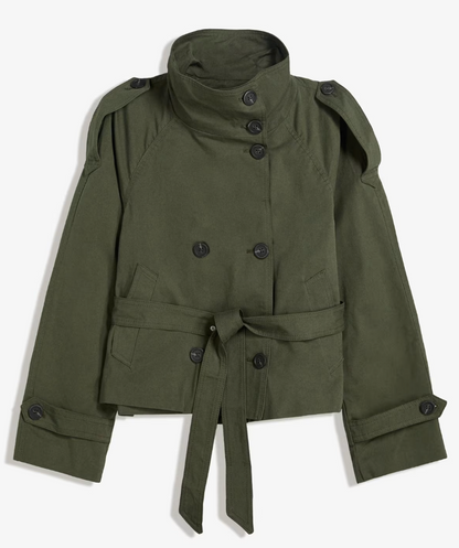 Green buckle trench coat